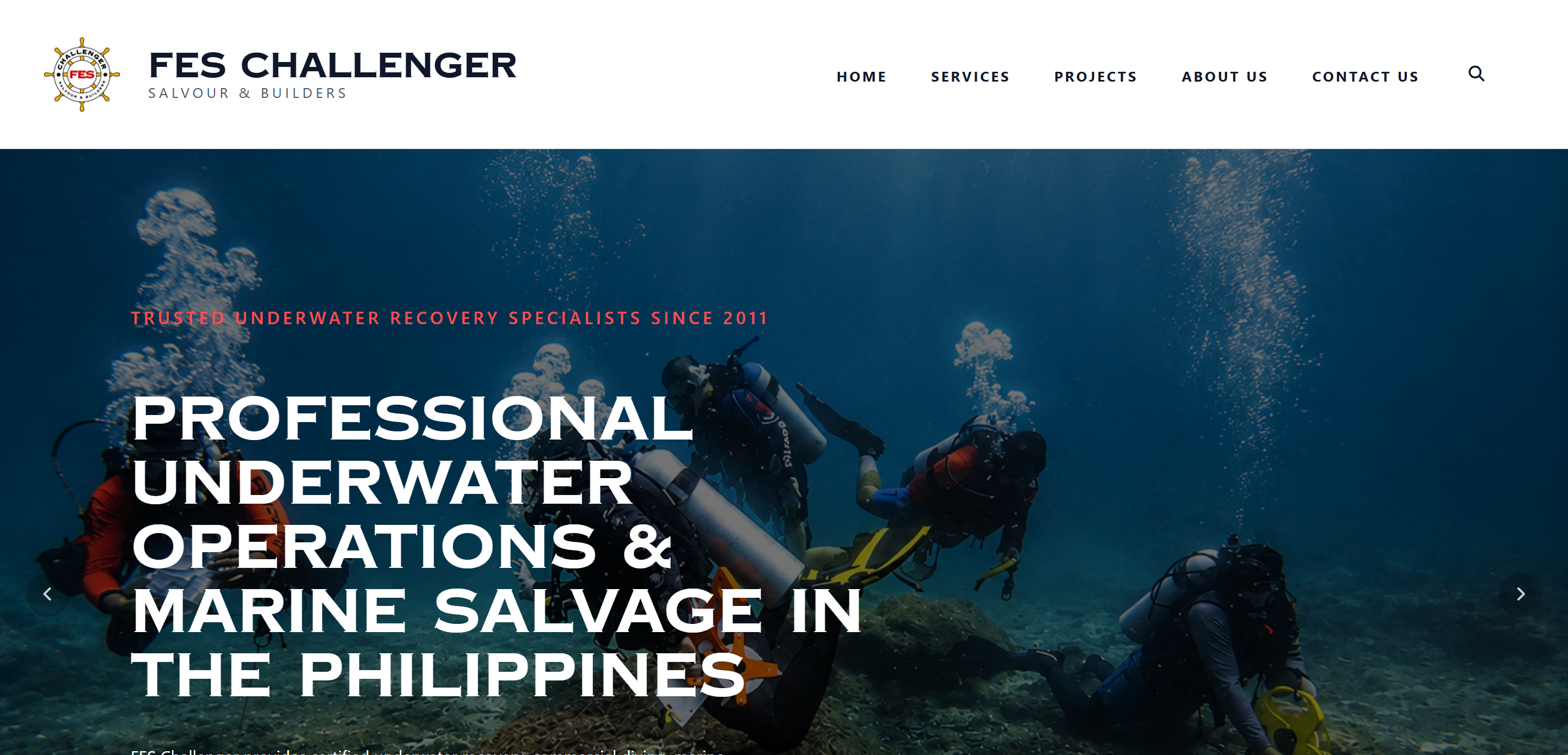 Screenshot of the FES Challenger homepage with navigation above an underwater diving hero image
