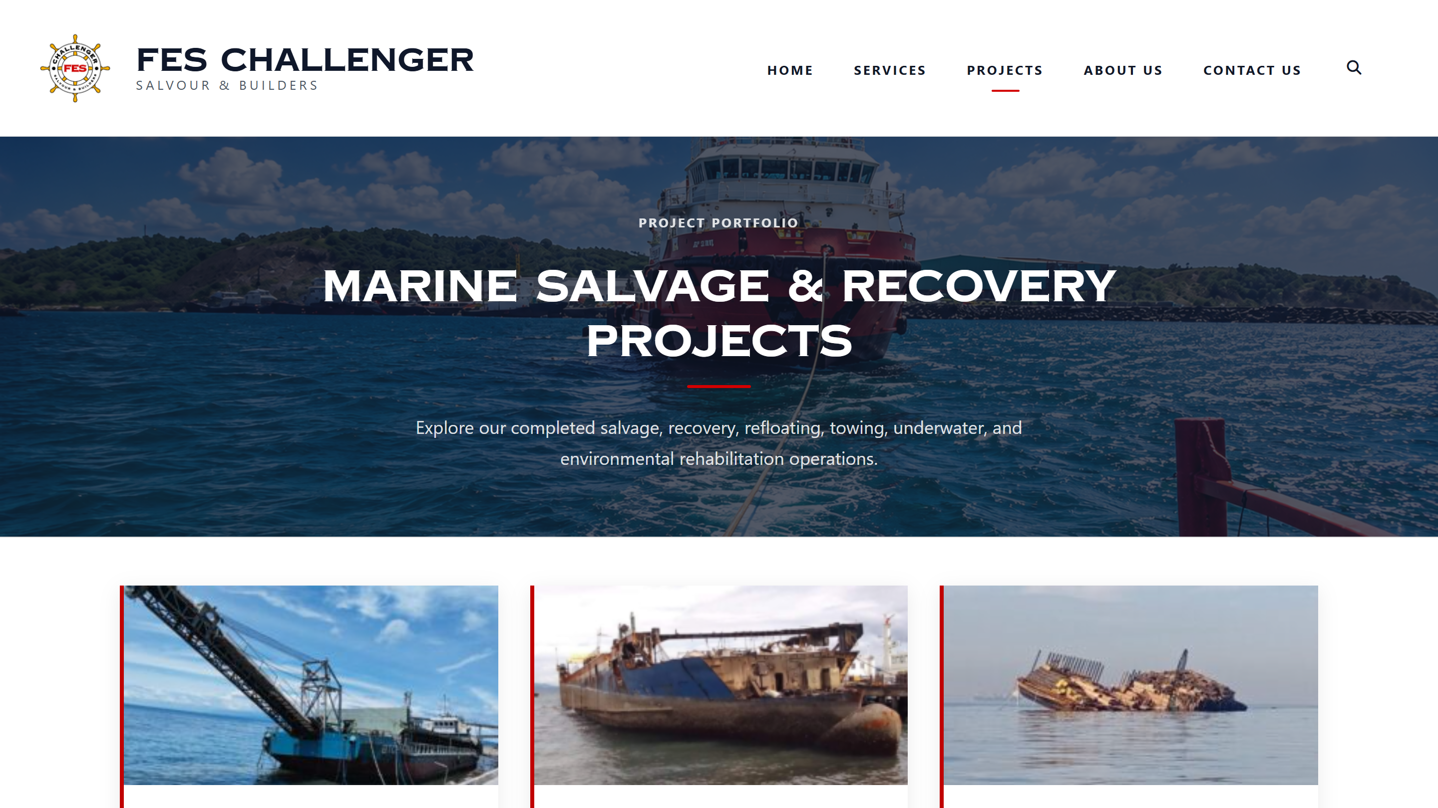 FES Challenger Projects page showing completed marine salvage project cards