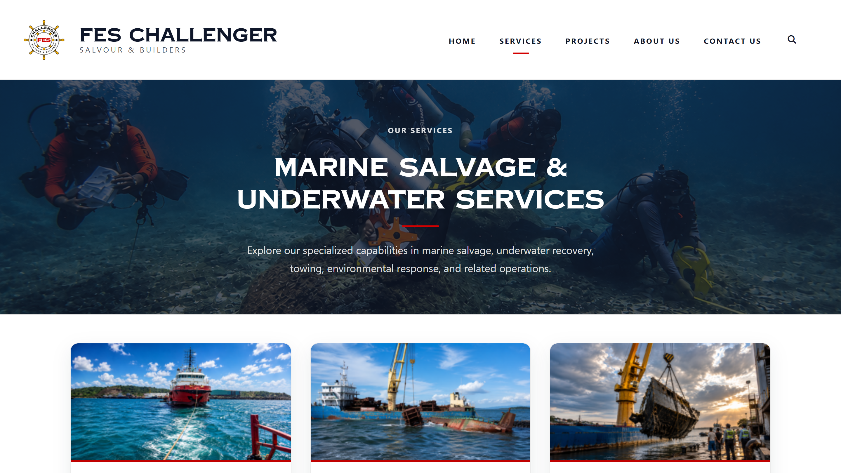 FES Challenger Services page showing marine salvage and underwater service categories